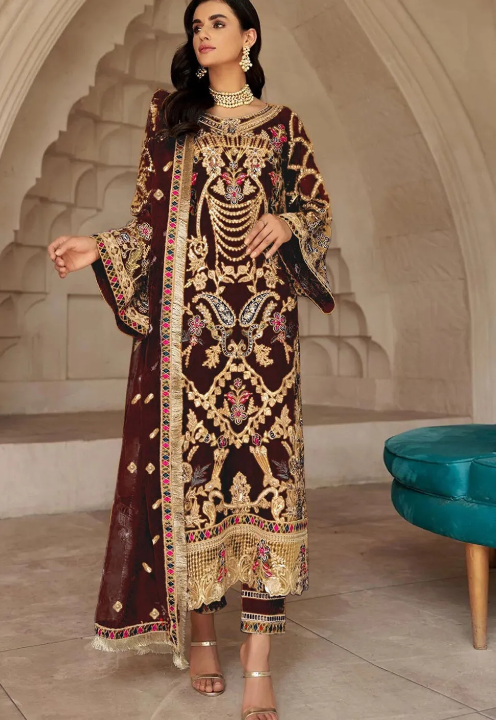 Embroidered Georgette Scalloped Pakistani Suit in Maroon