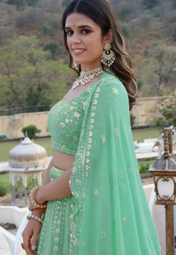 Embroidered  Georgette Scalloped Lehenga in Light Sea Green