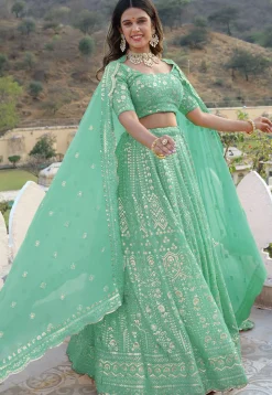 Embroidered  Georgette Scalloped Lehenga in Light Sea Green