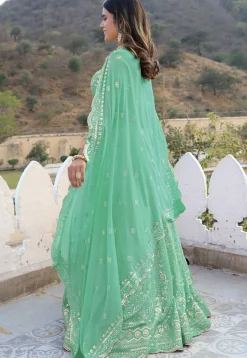 Embroidered  Georgette Scalloped Lehenga in Light Sea Green