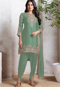Embroidered Georgette Scalloped Punjabi Suit in Light Green