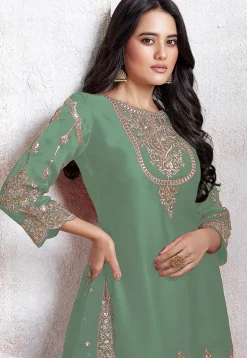 Embroidered Georgette Scalloped Punjabi Suit in Light Green