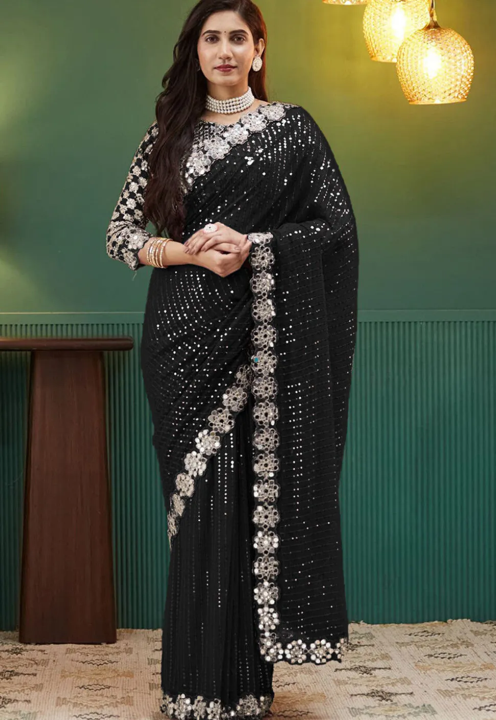 Embroidered Georgette Scalloped Saree in Black