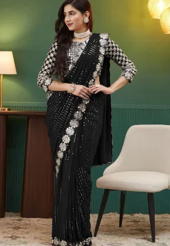 Embroidered Georgette Scalloped Saree in Black