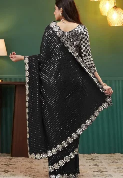 Embroidered Georgette Scalloped Saree in Black