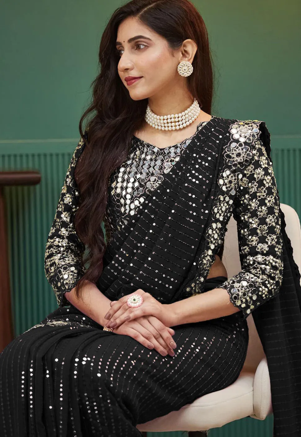 Embroidered Georgette Scalloped Saree in Black