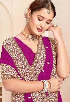 Embroidered Georgette Scalloped Saree in Purple