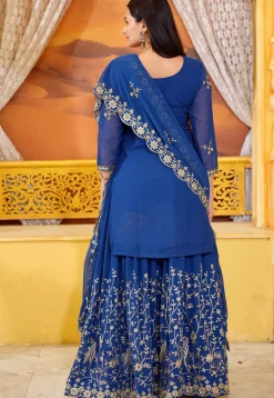 Embroidered Georgette Scalloped Lehenga in Teal Blue
