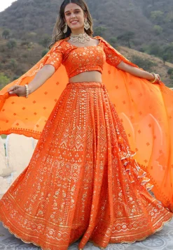 Embroidered  Georgette Scalloped Lehenga in Orange