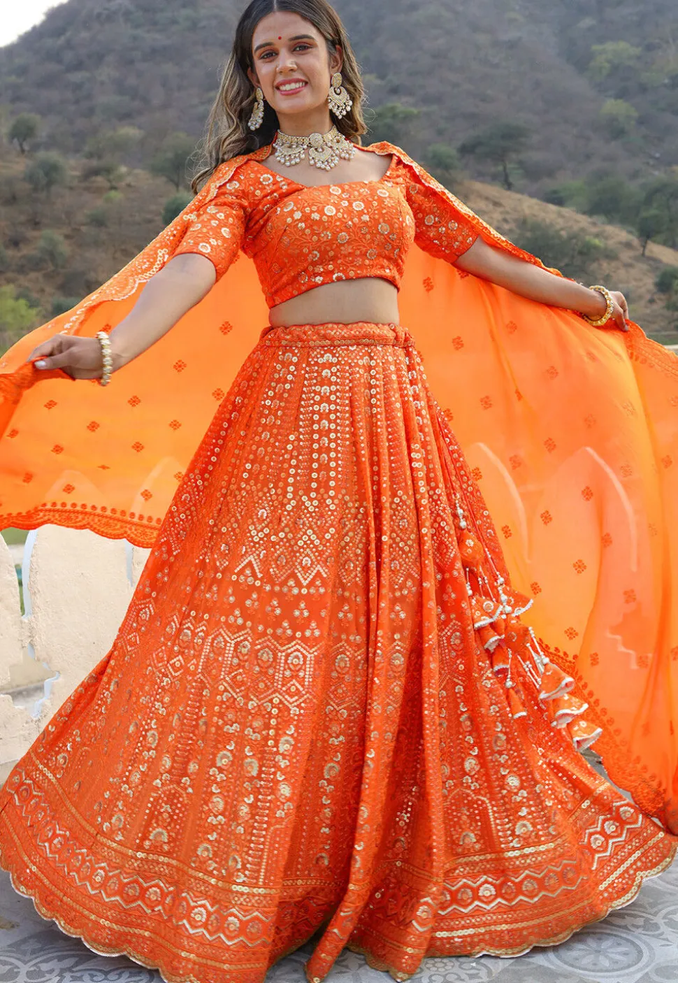Embroidered Georgette Scalloped Lehenga in Orange