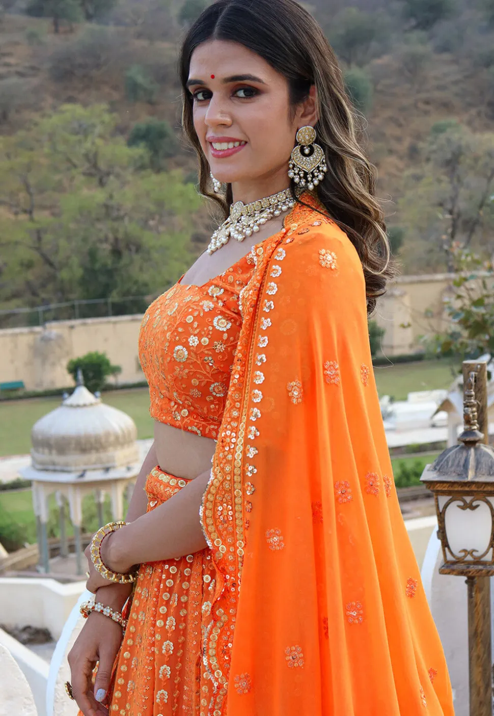 Embroidered Georgette Scalloped Lehenga in Orange