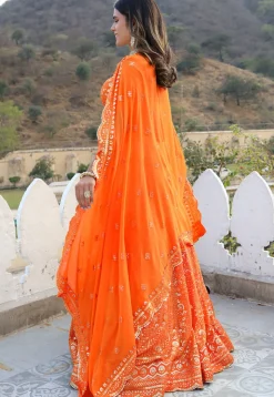 Embroidered Georgette Scalloped Lehenga in Orange
