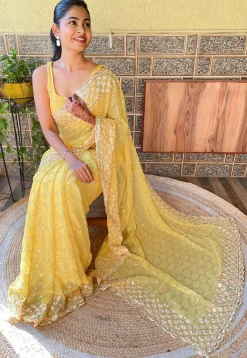 Embroidered Georgette Scalloped Saree in Yellow