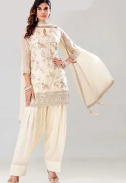 Embroidered Georgette Scalloped Punjabi Suit in Off White