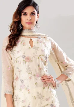 Embroidered Georgette Scalloped Punjabi Suit in Off White