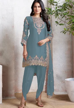 Embroidered Georgette Scalloped Punjabi Suit in Dusty Blue
