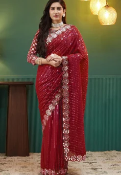 Embroidered Georgette Scalloped Saree in Red