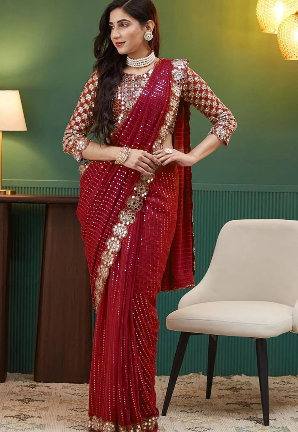 Embroidered Georgette Scalloped Saree in Red