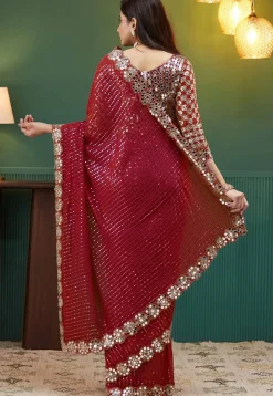 Embroidered Georgette Scalloped Saree in Red