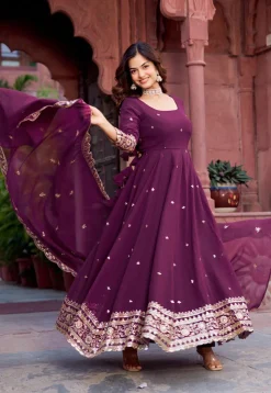 Embroidered Georgette Scalloped Abaya Style Suit in Purple