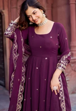 Embroidered Georgette Scalloped Abaya Style Suit in Purple