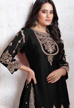 Embroidered Georgette Scalloped Punjabi Suit in Black