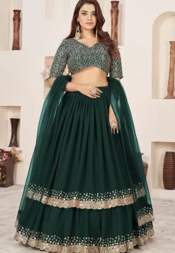 Embroidered Georgette Scalloped Lehenga in Dark Green