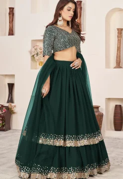 Embroidered Georgette Scalloped Lehenga in Dark Green