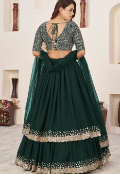Embroidered Georgette Scalloped Lehenga in Dark Green