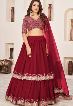 Embroidered Georgette Scalloped Lehenga in Red
