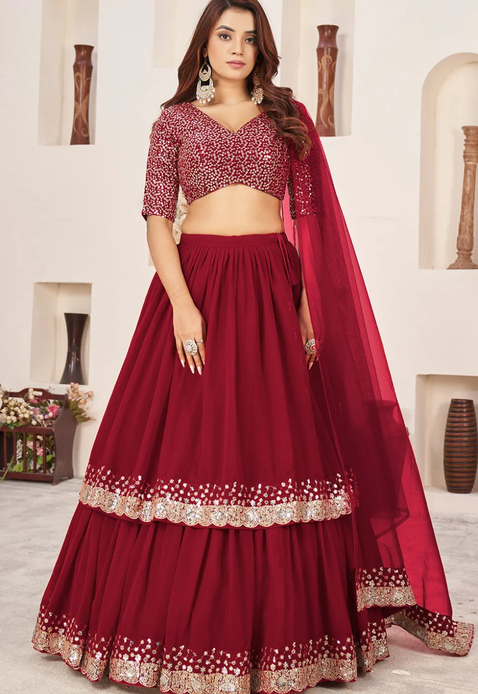 Embroidered Georgette Scalloped Lehenga in Red