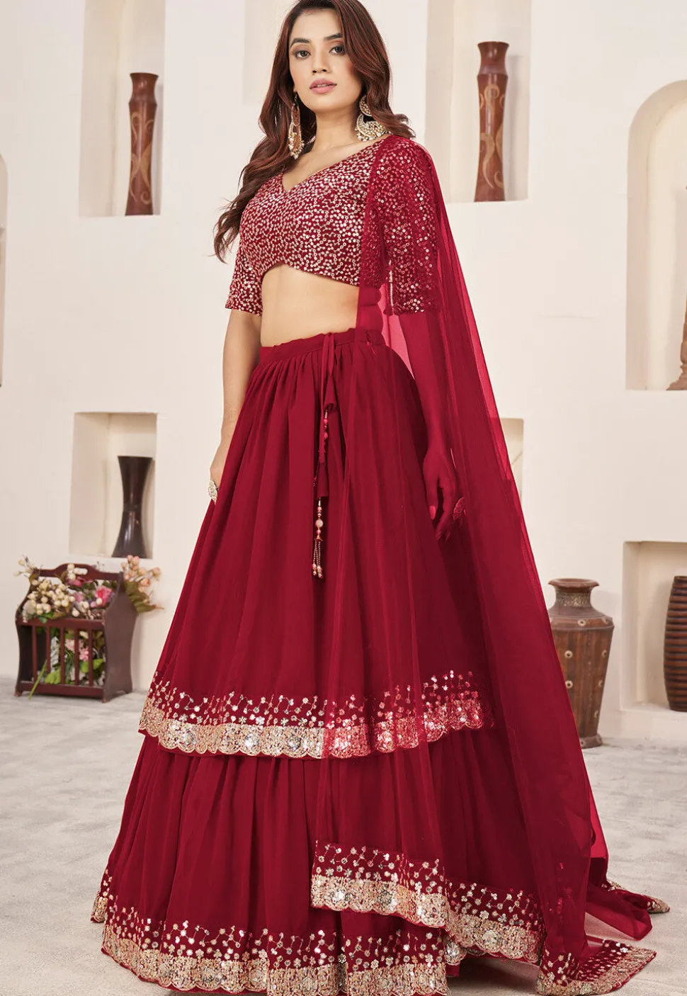 Embroidered Georgette Scalloped Lehenga in Red