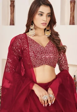 Embroidered Georgette Scalloped Lehenga in Red
