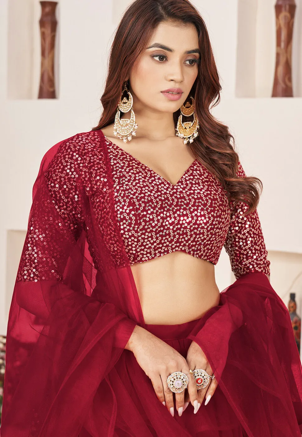 Embroidered Georgette Scalloped Lehenga in Red