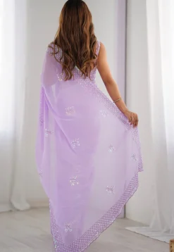 Embroidered Georgette Scalloped Saree in Light Purple