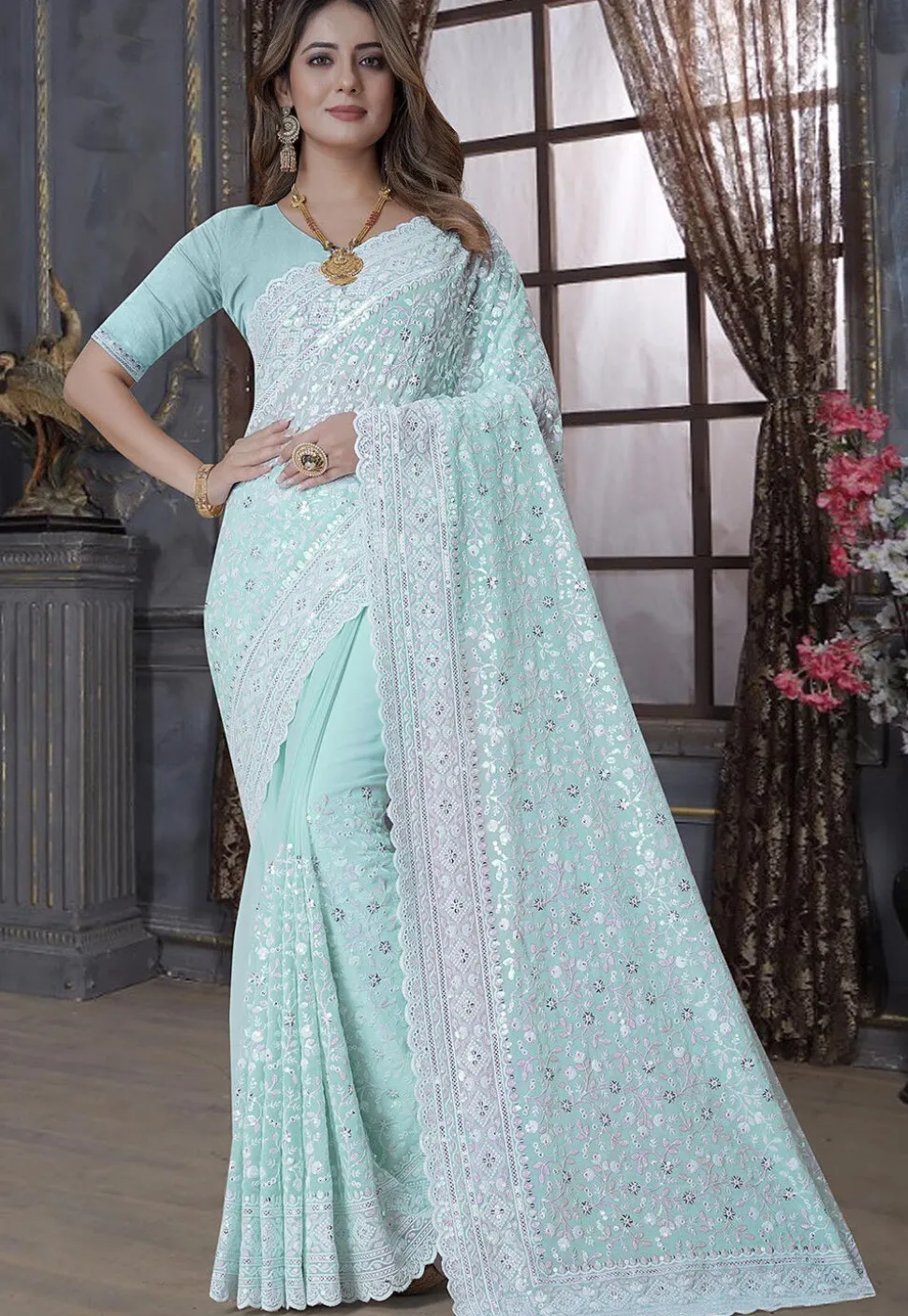 Embroidered Georgette Scalloped Saree in Sky Blue