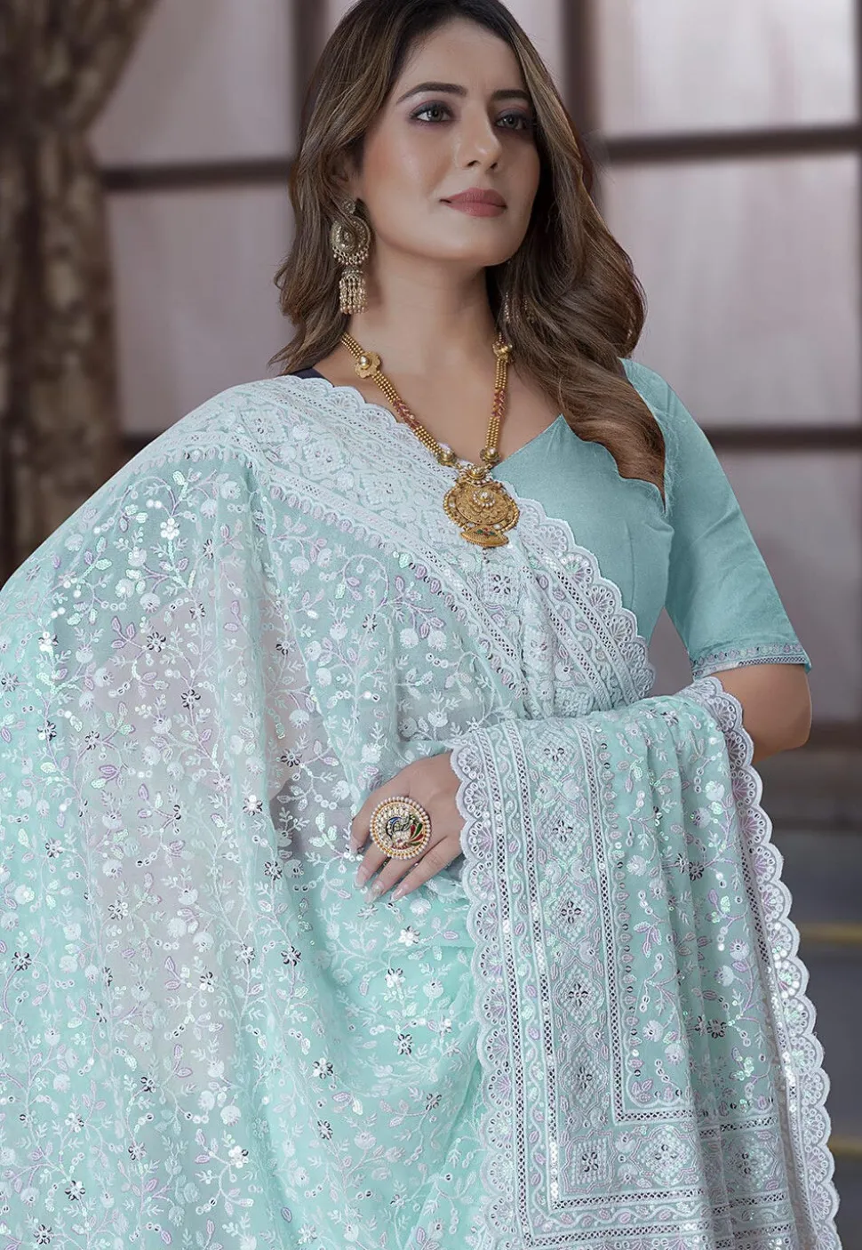 Embroidered Georgette Scalloped Saree in Sky Blue