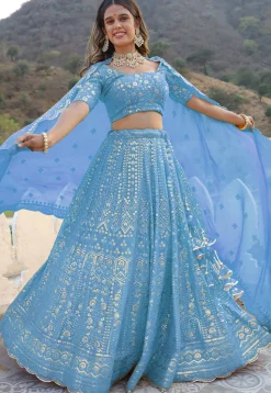 Embroidered  Georgette Scalloped Lehenga in Light Blue