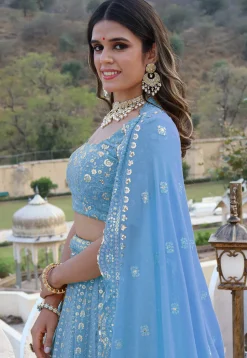 Embroidered  Georgette Scalloped Lehenga in Light Blue