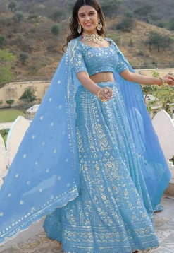 Embroidered Georgette Scalloped Lehenga in Light Blue