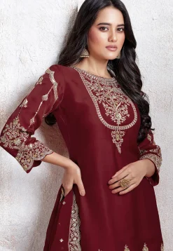 Embroidered Georgette Scalloped Punjabi Suit in Maroon