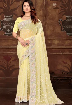 Embroidered Georgette Scalloped Saree in Yellow