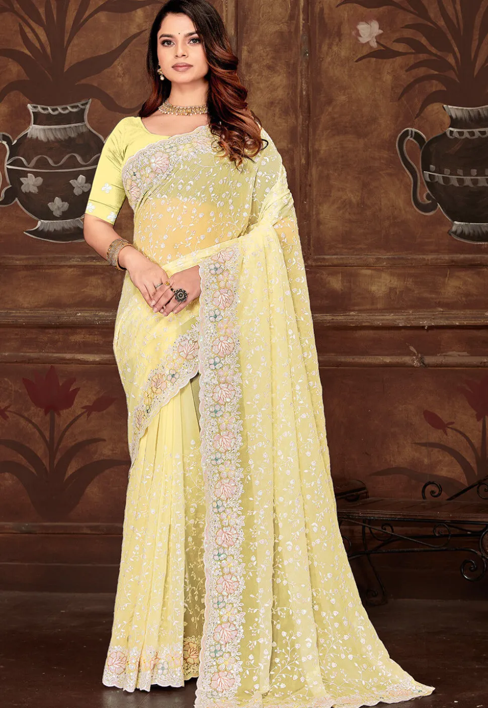 Embroidered Georgette Scalloped Saree in Yellow