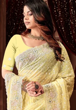 Embroidered Georgette Scalloped Saree in Yellow