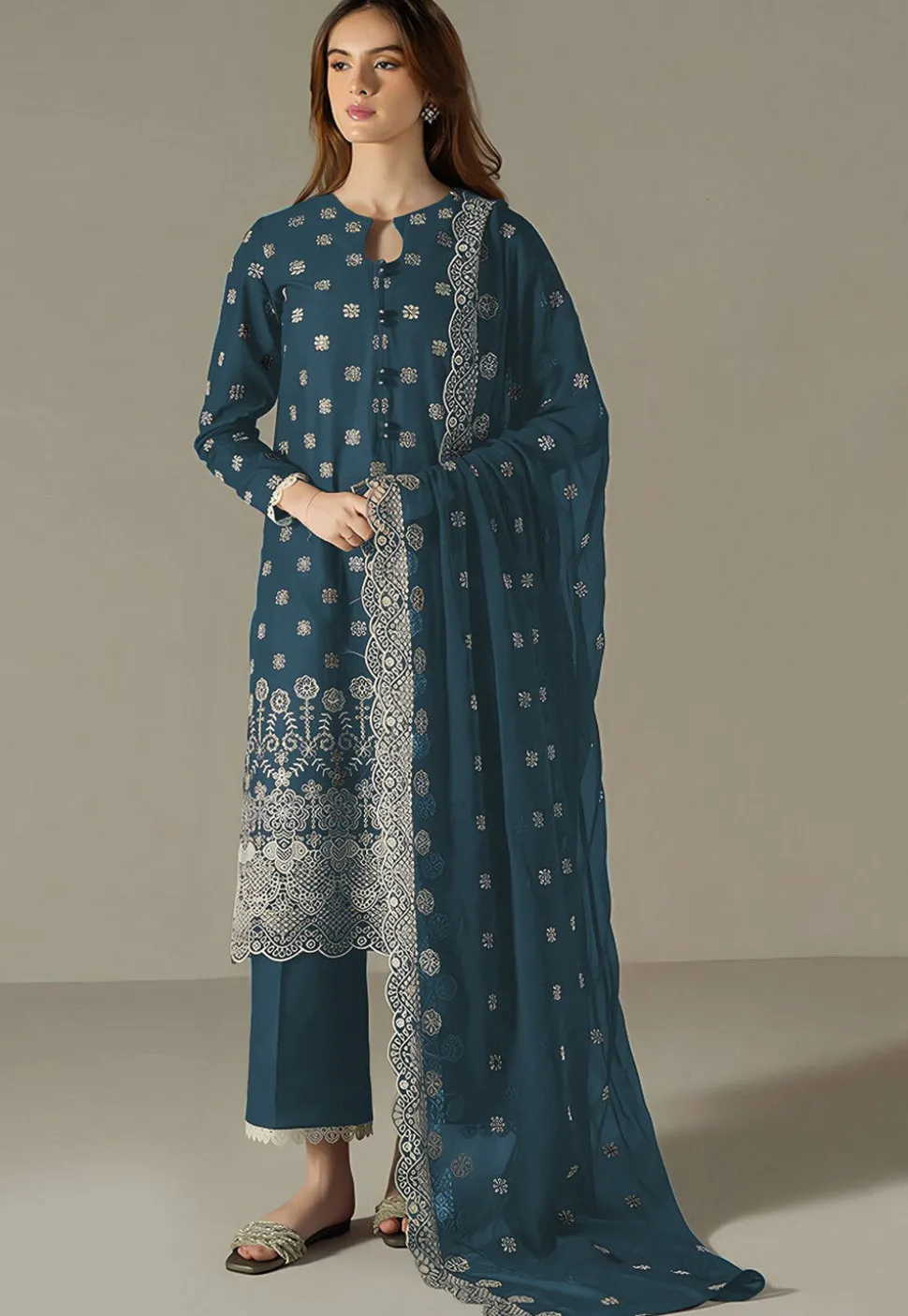 Embroidered Georgette Scalloped Pakistani Suit in Teal Blue