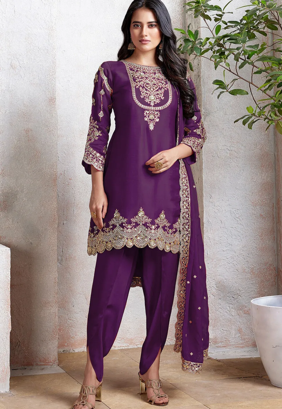 Embroidered Georgette Scalloped Punjabi Suit in Purple