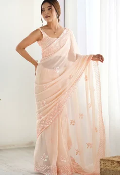 Embroidered Georgette Scalloped Saree in Peach