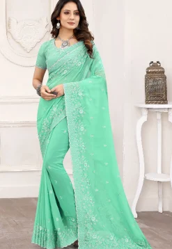 Embroidered  Georgette Scalloped  Saree in Sea Green