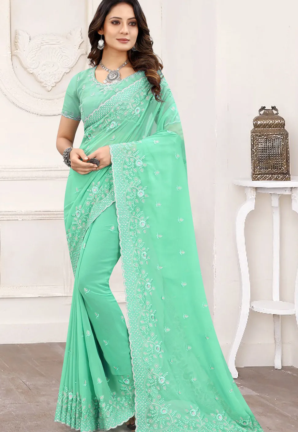 Embroidered Georgette Scalloped Saree in Sea Green