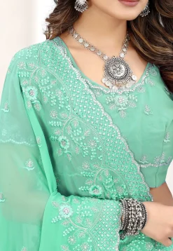 Embroidered  Georgette Scalloped  Saree in Sea Green